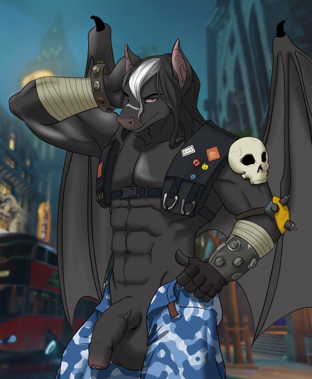 anthro balls big_balls blizzard_entertainment chiropteran clothed clothing flaccid foreskin hair hi_res king's_row_(map) long_hair male male_only mammal muscular muscular_male overwatch pants_down partially_clothed penis roadhog_(cosplay) ruby_the_bat skull uncut video_games wings zanzagen