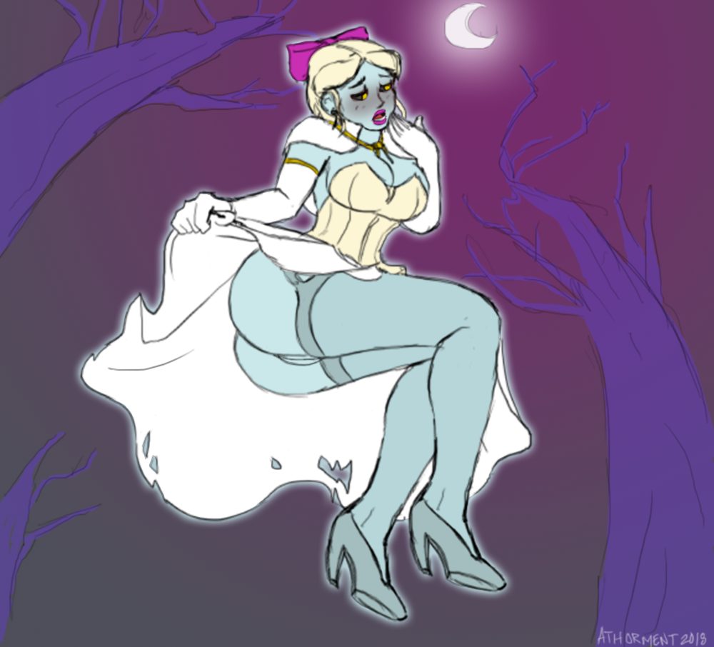 athorment athorment_oc blonde_hair blush boonie_belle_(athorment) breasts cleavage dress_lift female ghost_girl heels looking_away monster_girl pussy