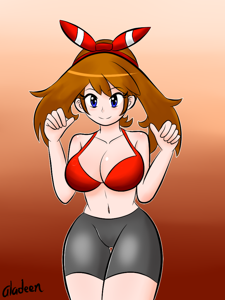 1girls, abs, aladeen, bandana, belly, bike shorts, blue eyes, bra, breasts, brown hair, cleavage, clothed, female, female only, human, human only, large breasts, looking at viewer, may (pokemon oras), may (pokemon), midriff, navel, pokemon, pokemon oras, red background, red bra, short hair, shorts, skin tight, solo, standing, text, thick thighs, watermark, wide hips