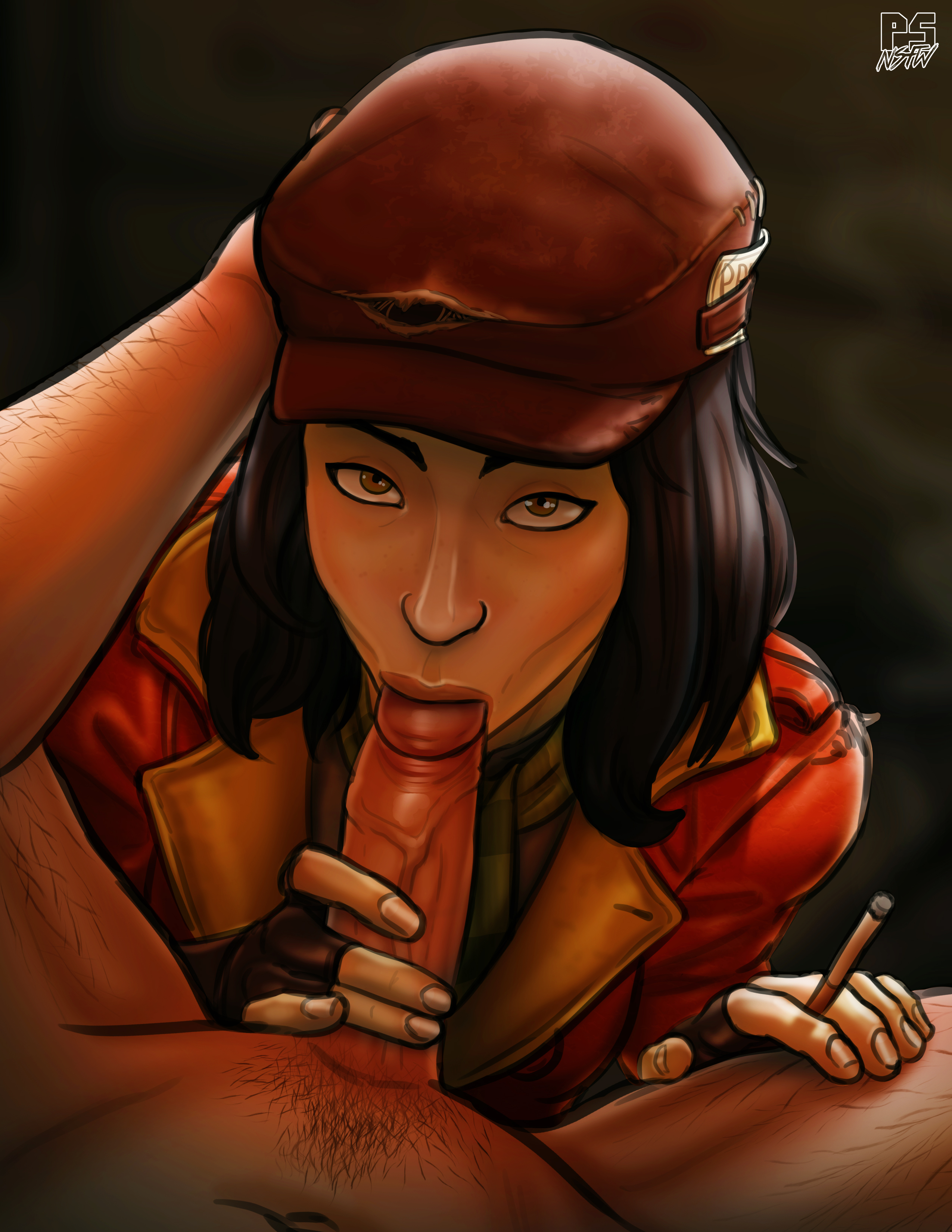 :>=, 1boy, 1girls, angry dragon, bethesda softworks, black hair, blowjob, cigarette, cock, dick, fallout, fallout 4, fellatio, female, fingerless gloves, gloves, hand on another's head, hand on head, hat, human, humanoid penis, long hair, looking at viewer, looking up, male, male pov, oral, oral penetration, oral sex, penis, piper wright, pov, preston garvey, pumpkinsinclair, straight, unseen male face