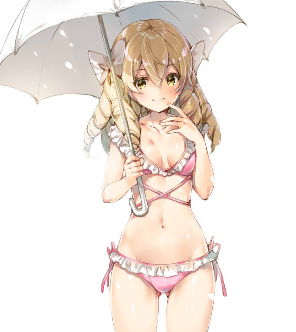 bikini, blonde hair, bow, closed mouth, drill hair, earrings, female, fire emblem, fire emblem awakening, frills, gloves, hair, hair ornament, hairbow, holding, holding umbrella, jewelry, long hair, maribelle (fire emblem), midriff, miwabe sakura, navel, parasol, pink bikini, side-tie bikini, simple background, smile, solo, standing, swimsuit, umbrella, white background, white bow, yellow eyes