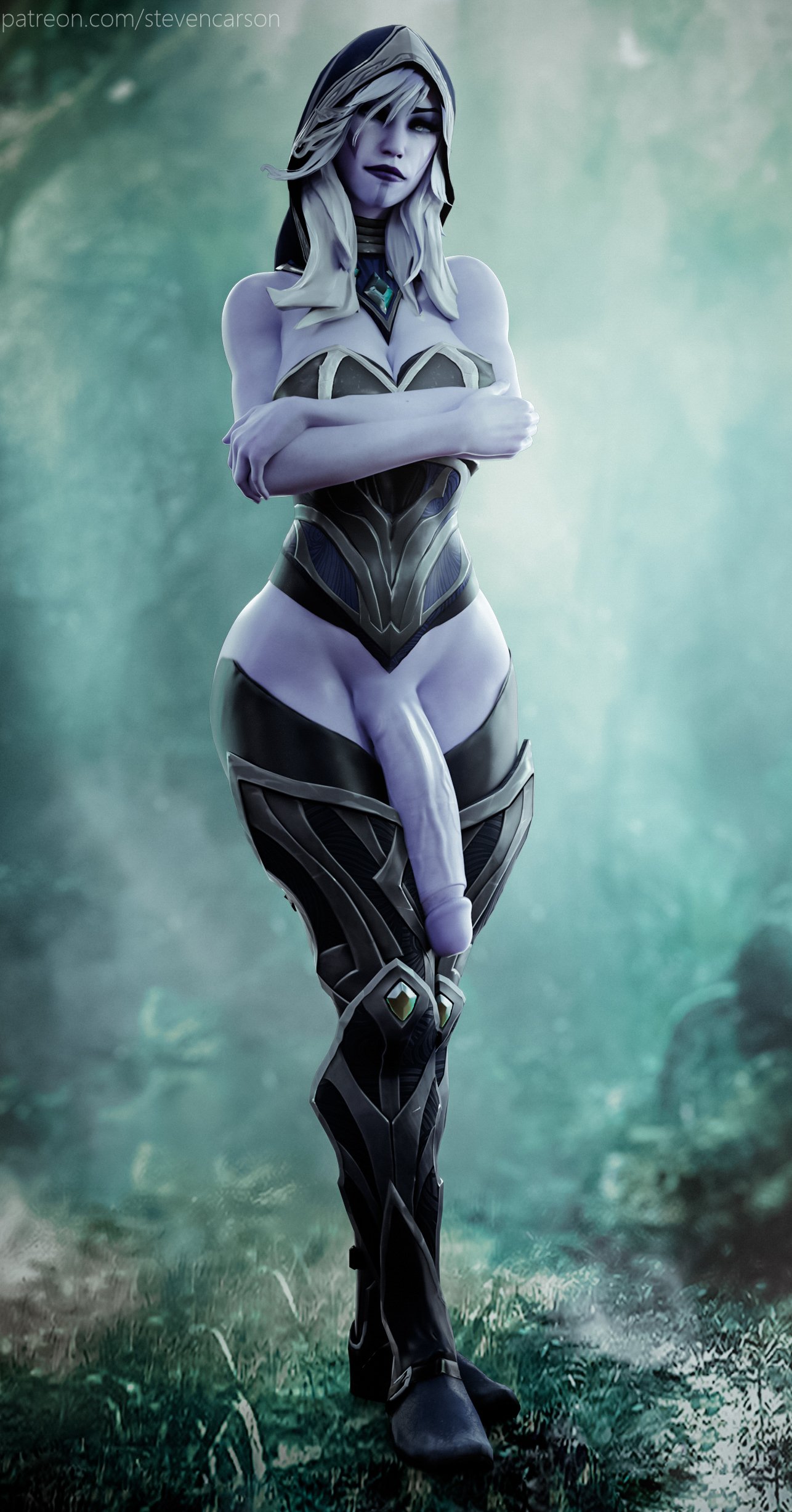 1futa, 3d, armor, bottomless, breasts, cleavage, curvy, dota 2, drow ranger, futa only, futanari, half-erect, huge breasts, huge cock, huge penis, intersex, looking at viewer, penis, realistic, solo, solo futa, stevencarson, wide hips