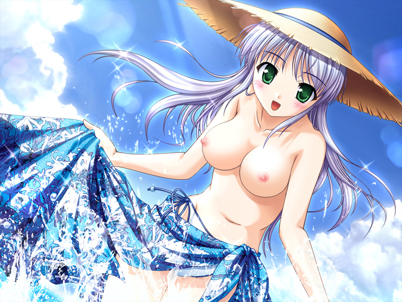 bekkankou bikini blue_hair blush breasts breasts_out cleavage cloud day dutch_angle feena_fam_earthlight female front-tie_top game_cg green_eyes hat lavender_hair long_hair looking_at_viewer medium_breasts navel nipples purple_hair sarong sky solo splashing straw_hat swimsuit wading water white_swimsuit yoake_mae_yori_ruri_iro_na