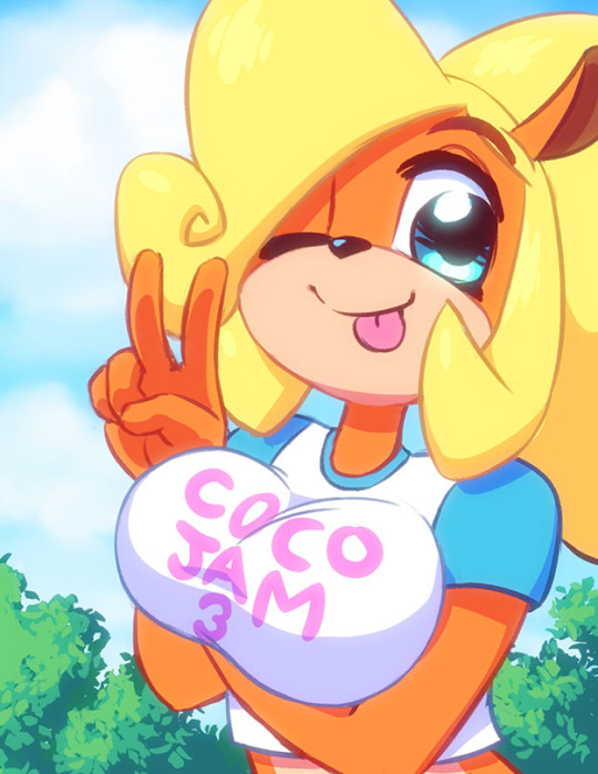 anthro, bandicoot, blonde hair, clothed, coco bandicoot, crash (series), female, fur, furry, long hair, marsupial, nitro, solo, tongue, tongue out