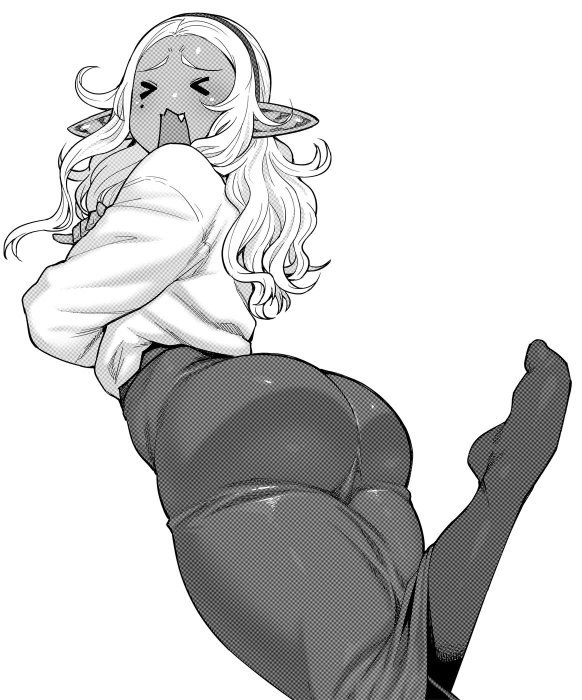 > <, 1girls, ass, ass in dress, breasts, bubble ass, bubble butt, clothed, crossed arms, curvy, cute fang, dark elf, dark skin, dark-skinned female, elf, elf-san wa yaserarenai, eyes closed, fang, feet, female, female only, hairband, huge ass, humanoid, kuroeda, large ass, long hair, long skirt, mole, mole under eye, monochrome, pantyhose, pointy ears, simple background, skirt, synecdoche, thick thighs, tight skirt, white hair, wide hips