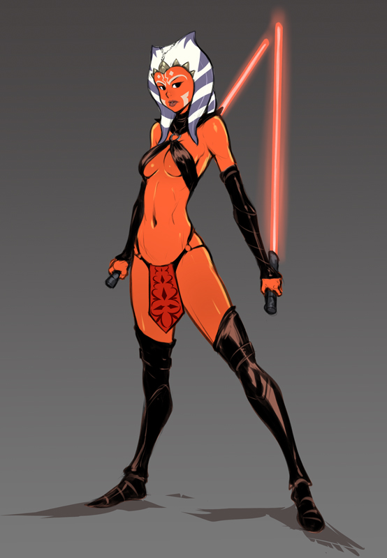 2016, ahsoka tano, ahsoka tano (imperial), alien, alien girl, bad end, black boots, black footwear, boots, breasts, clone wars, clothed, corruption, detached sleeves, dual wielding, female, female only, full body, hypnosis, hypnotized, izra, lightsaber, mind control, navel, o-ring, o-ring top, orange skin, pelvic curtain, possession, red lightsaber, sci-fi, science fiction, scifi, sith, sith lady, skirt, solo, solo female, star wars, the clone wars: season four, thigh boots, togruta, underboob, weapon