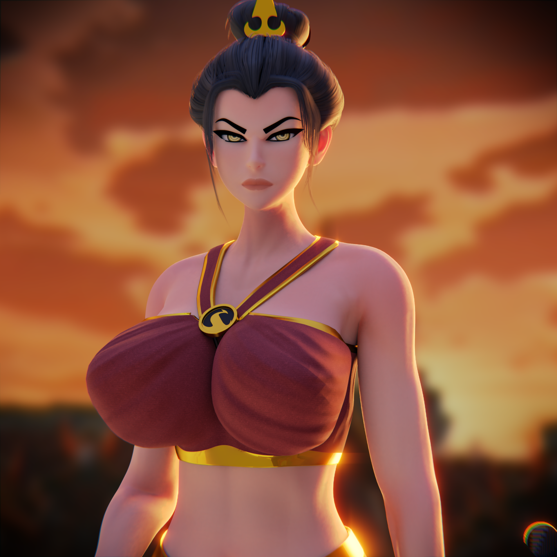 1girls, 3d, avatar the last airbender, azula, black hair, blender, breasts, clothed, clothing, endlessillusion, eyeliner, female, female only, front view, hair bun, hair ornament, highres, huge breasts, human, large breasts, midriff, nickelodeon, outdoors, perky breasts, sidelocks, solo, tube top, upper body, yellow eyes
