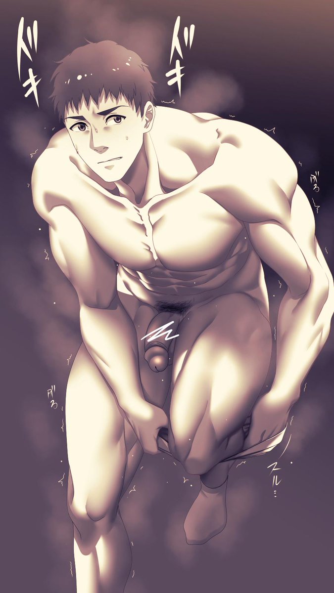 1boy abs bar_censor erection highres hihumi looking_at_viewer male male_focus male_only muscle nude pecs penis pubic_hair smile socks solo solo_male steam sweat underwear undressing