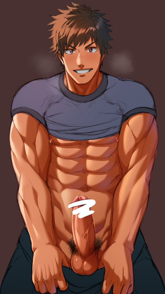 1boy abs bar_censor blush brown_hair erection grin hihumi invitation male male_focus male_only muscle naughty_face pecs penis presenting pubic_hair red_eyes smile solo solo_male teeth testicles underwear undressing