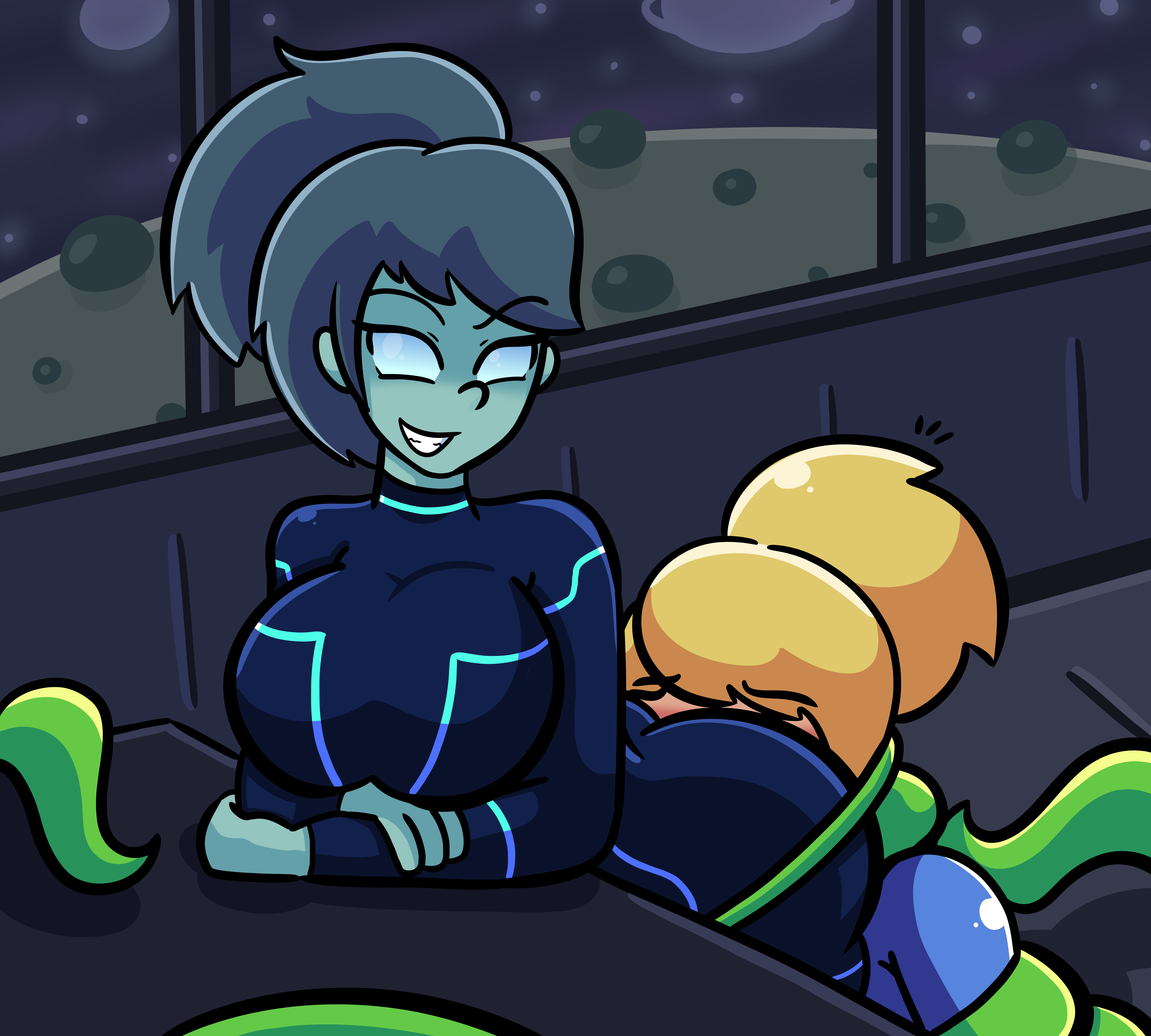 2girls, alien, ass, blushing, bodysuit, bondage, bound, breasts, daisy-pink71, dark samus, dark zero suit samus, face in ass, female, female only, human, interspecies, metroid, multiple females, multiple girls, nintendo, png, samus aran, smiling, tentacles, yuri