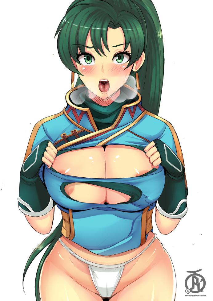 1girls, areolae, blush, breasts, cleavage, color, female, female only, fire emblem, fire emblem: the blazing blade, green hair, large breasts, looking at viewer, lyn (fire emblem), revolverwingstudios, solo