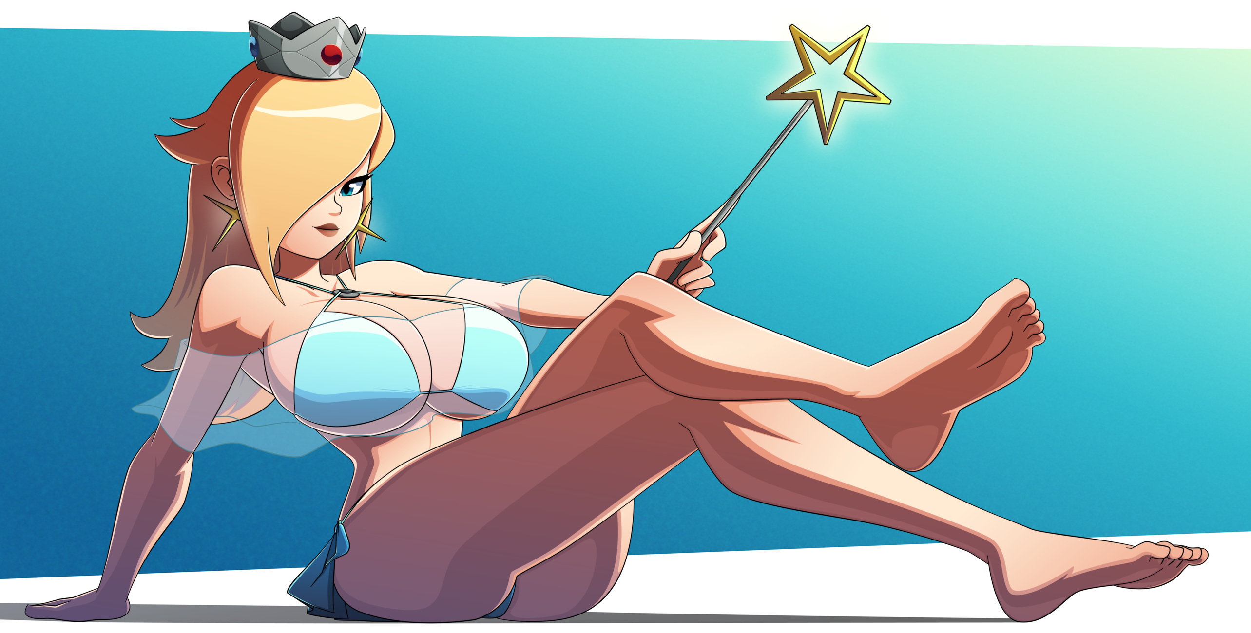 1girls, barefoot, big breasts, bikini, blonde hair, blue background, blue bikini, blue eyes, breasts, cleavage, clothing, crossed legs, feet, female, female only, full body, hair over one eye, holding wand, large breasts, leaning back, looking at viewer, mario (series), nintendo, princess rosalina, ravenravenraven, see-through, see-through clothing, simple background, sitting, solo, super mario galaxy, swimsuit, wand