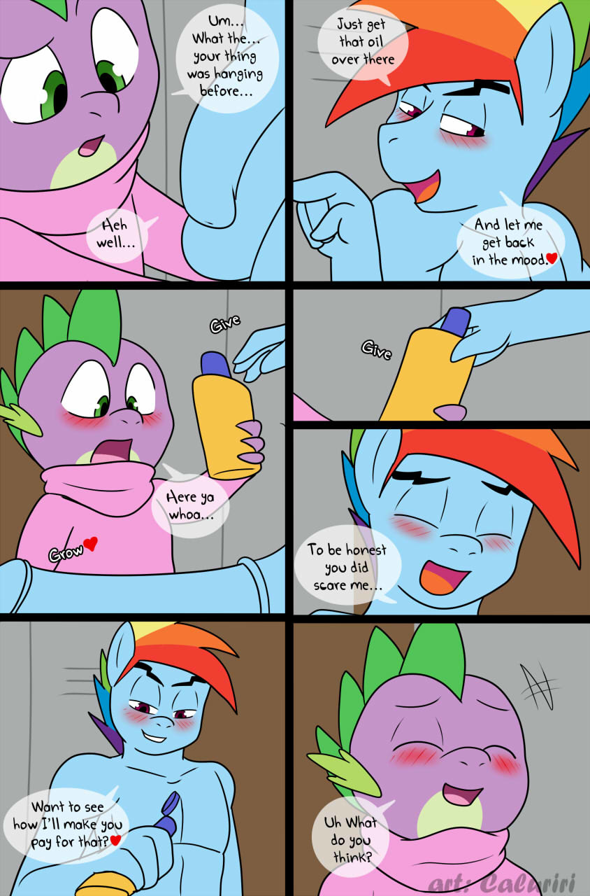 animal_genitalia animal_penis anthro barb_(mlp) blush caluriri comic dragon equid equine equine_penis female friendship_is_magic hi_res horse horsecock male mammal my_little_pony oil penis pony rainbow_blitz_(mlp) rainbow_dash_(mlp) rule_63 smile smooth_skin spike_(mlp)