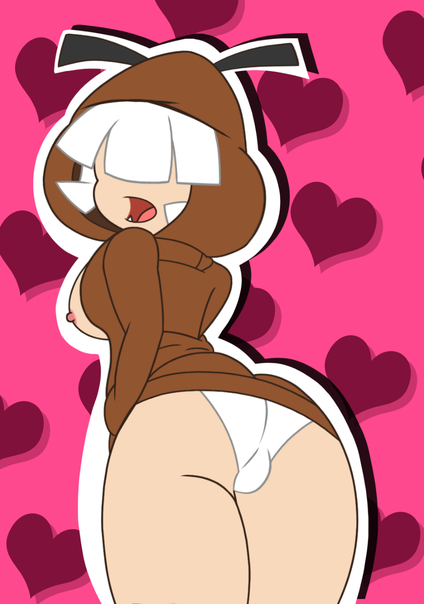 1girls breasts clothing female female_only goomba goomba_girl hair_over_eyes heart looking_at_viewer looking_back mario_(series) migi_rider nintendo nipples open_mouth panties pink_background rule_63 simple_background solo standing thighs underwear white_hair white_panties