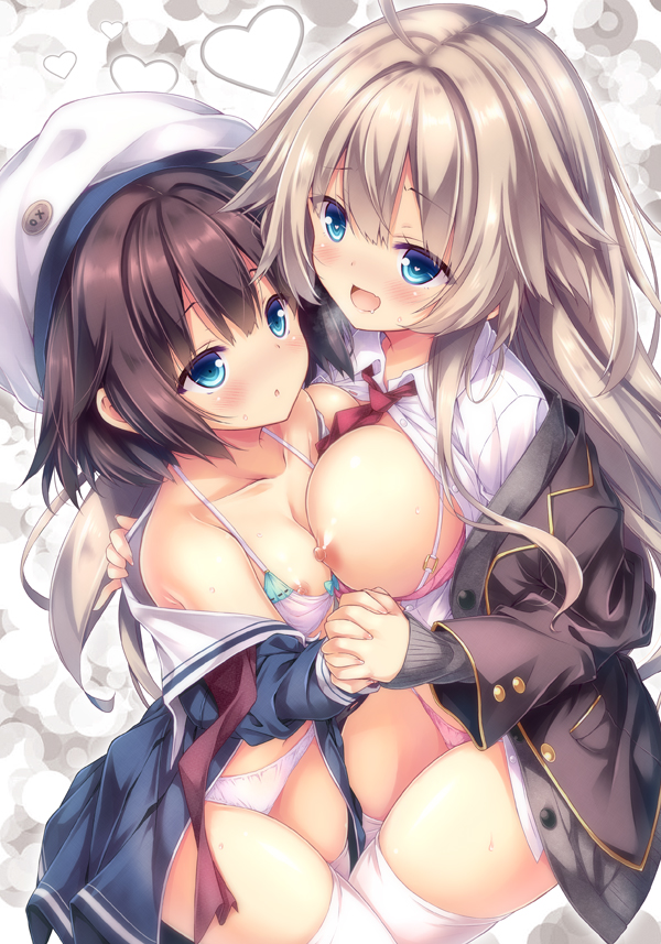 2girls :d :o asymmetrical_docking bangs beret between_breasts blue_dress blue_eyes blush bra bra_pull breast_press breasts brown_hair brown_jacket cardigan collared_shirt commentary_request dress dress_shirt eyebrows_visible_through_hair fingernails grey_cardigan hair_between_eyes hat heart holding_hands interlocked_fingers jacket large_breasts light_brown_hair long_hair long_sleeves multiple_girls nipples off_shoulder open_cardigan open_clothes open_dress open_jacket open_mouth open_shirt original panties parted_lips pink_bra pink_panties red_neckwear ryo sailor_collar sailor_dress shirt skindentation sleeves_past_wrists small_breasts smile thighhighs underwear very_long_hair white_bra white_headwear white_legwear white_panties white_sailor_collar white_shirt yuri