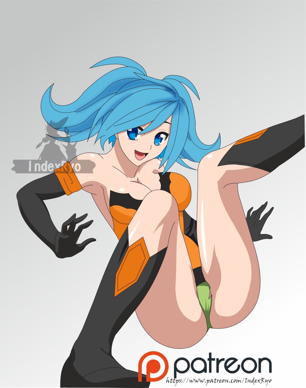 1girls alternate_costume bewitching_evie blue_eyes blue_hair evie_(paladins) female female_only gradient_background green_panties indexryo looking_at_viewer open_mouth paladins simple_background solo