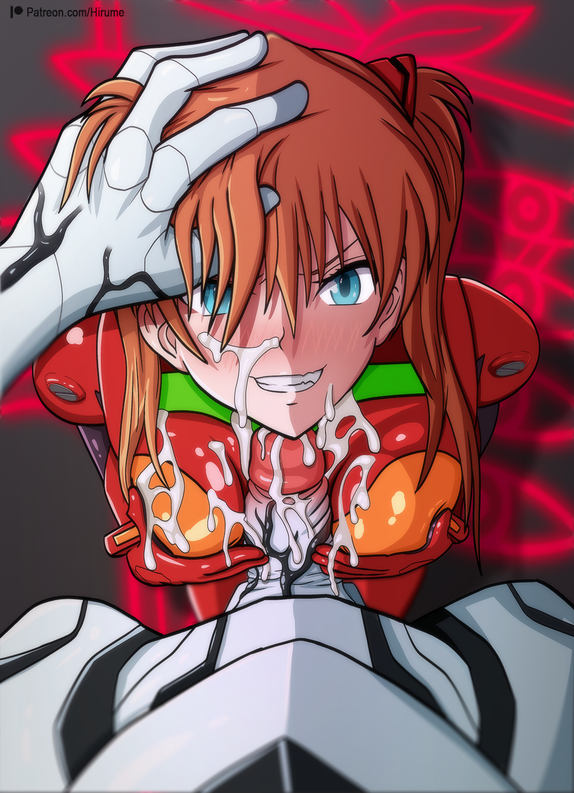 1boy, 1girls, 2019, after sex, aqua eyes, asuka langley sohryu, blush, bodysuit, breast hold, breasts, brown hair, clothing, cum, cum on body, cum on breasts, cum on clothes, cum on upper body, eyebrows, facial, female, female human, grin, hair grab, hair ornament, hair over eyes, hand on another's head, hand on head, higher resolution available, highres, hirume, human, interspecies, kneeling, long hair, male, mass production eva, medium breasts, monster, neon genesis evangelion, orange hair, paizuri, paizuri over clothes, patreon username, penis, pilot suit, plugsuit, pov, pov eye contact, pov hands, skin tight, small breasts, small penis, smile, solo focus, teeth, titfuck, uncensored, veins, veiny penis
