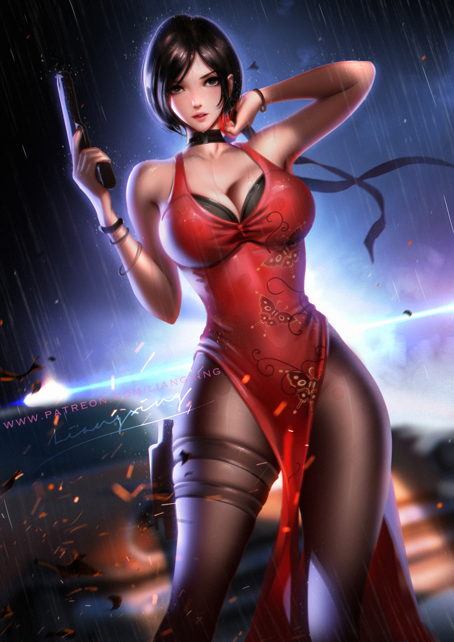 1girls, ada wong, ada wong (caroline ribeiro), big breasts, biohazard, black hair, breasts, capcom, cleavage, dress, female, female only, firearm, gun, handgun, holster, large breasts, liang xing, looking at viewer, pantyhose, resident evil, resident evil 4, short hair, solo, thigh strap, weapon