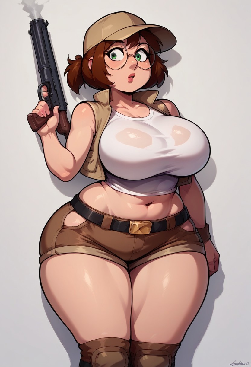 1girls 20th_century_fox 20th_century_studios ai_generated breasts brown_hair civitai curvy_female family_guy fio_germi glasses green_eyes guns jossyless_(ai) meg_griffin metal_slug thick_thighs weapons wide_hips