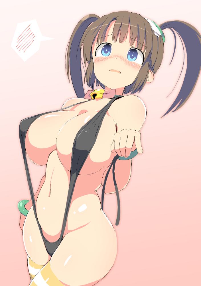 1girls, bell collar, belly, big breasts, blue eyes, blush, bracelet, breasts, brown hair, choker, embarrassed, female, female focus, midriff, minori (senran kagura), open mouth, pink background, pulling, shiny hair, shiny skin, sling bikini, swimsuit, thighhighs, tottotonero, twintails
