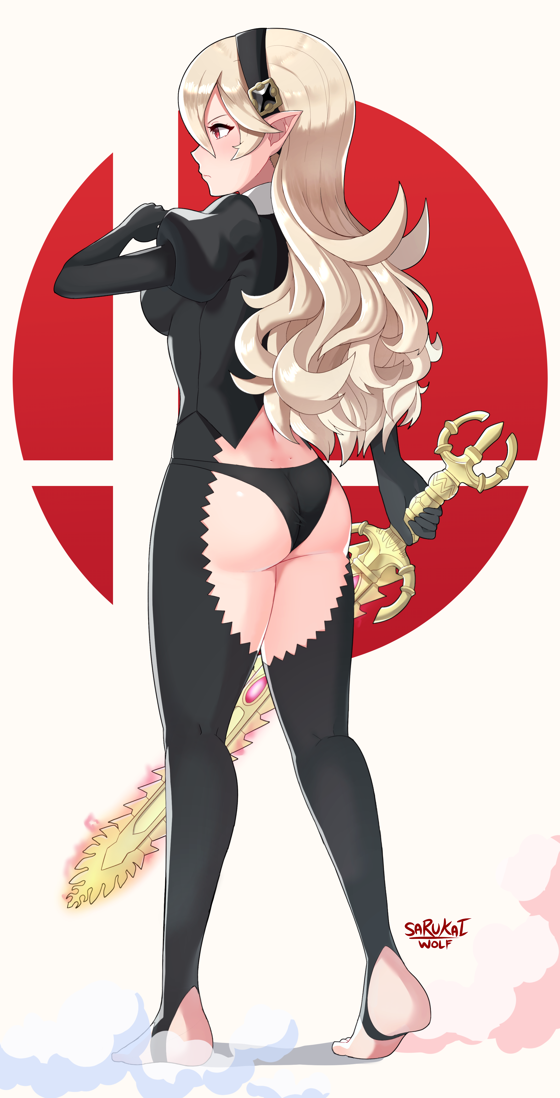 1girls, artist name, ass, blonde hair, clothing, corrin (fire emblem), corrin (fire emblem) (female), curvy, elf, female, female only, fire emblem, fire emblem fates, hair, long hair, manakete, nintendo, panties, sarukaiwolf, solo, super smash bros., sword, thighs, video games