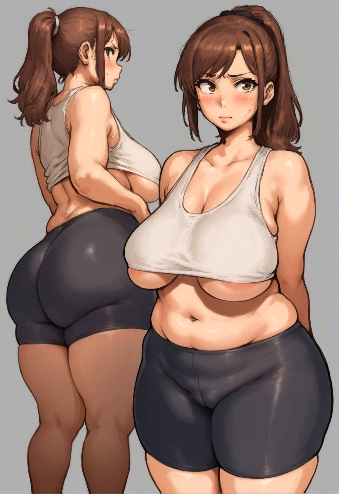 1girls ai_generated ass azuma_hisato big_ass big_butt breasts brown_hair cameltoe chubby dat_ass fat_ass fat_butt female female_only gray_shorts hi_res himawari_wa_yoru_ni_saku hpeq huge_ass huge_butt large_breasts light-skinned_female light_skin looking_at_viewer pale-skinned_female plump ponytail shorts solo solo_female standing takeda_hiromitsu thick_thighs thighs underboob white_skin