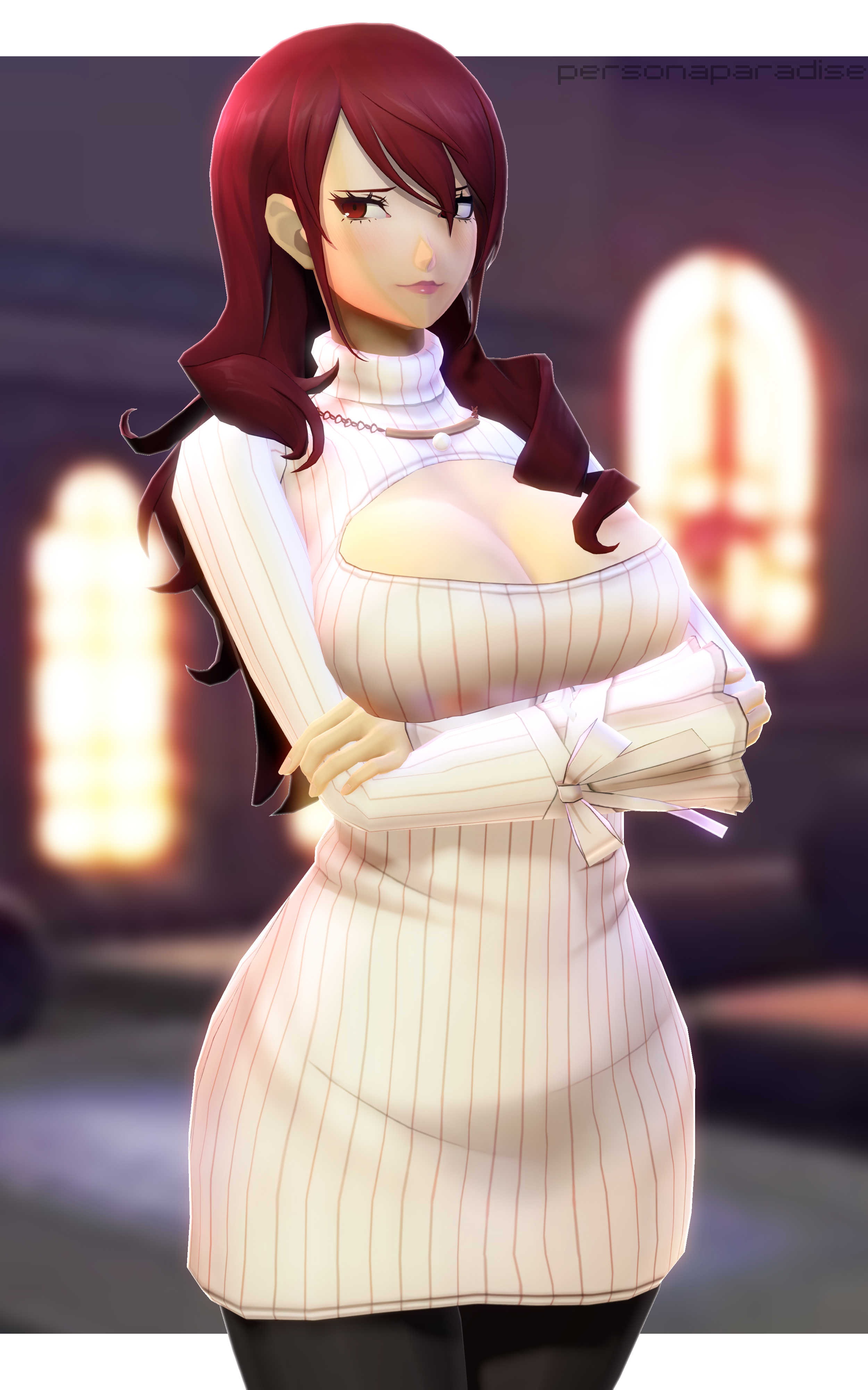 3d, atlus, big breasts, breasts, female, female focus, female only, human, human only, light skin, light-skinned female, mitsuru kirijo, persona, persona 3, personaparadise, red eyes, red hair, sega, solo, solo female, tagme
