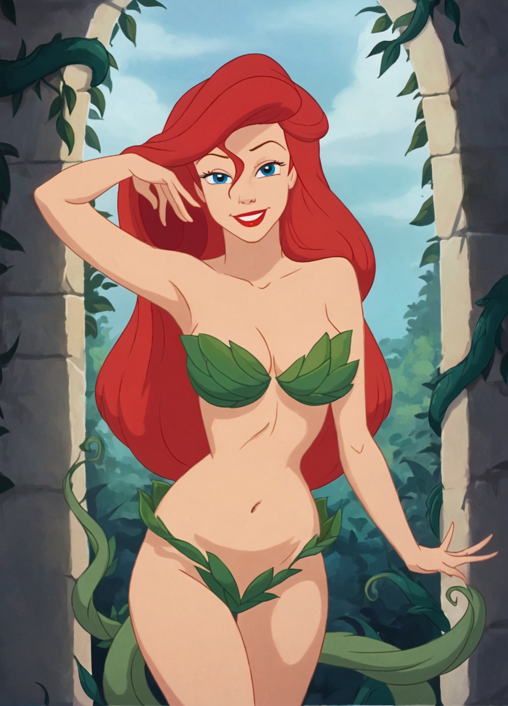 ai_generated ariel ariel_(the_little_mermaid) batman_(series) breasts crossover dc dc_comics female female_only nai_diffusion poison_ivy_(cosplay) red_hair saucysultan solo stable_diffusion the_little_mermaid white_skin