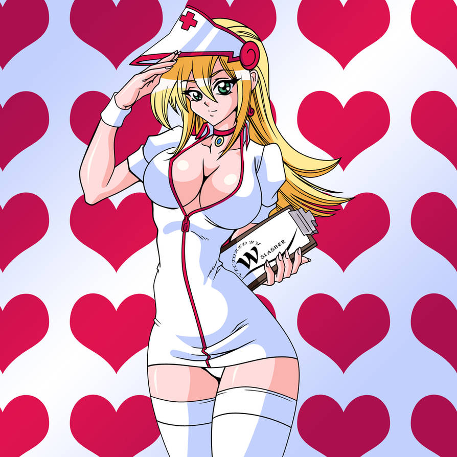 1girls blonde_hair breasts choker clipboard dark_magician_girl dress green_eyes holding_clipboard large_breasts long_hair looking_at_viewer nurse nurse_cap nurse_uniform panties short_dress thighhighs white_dress white_panties wslasher yu-gi-oh!