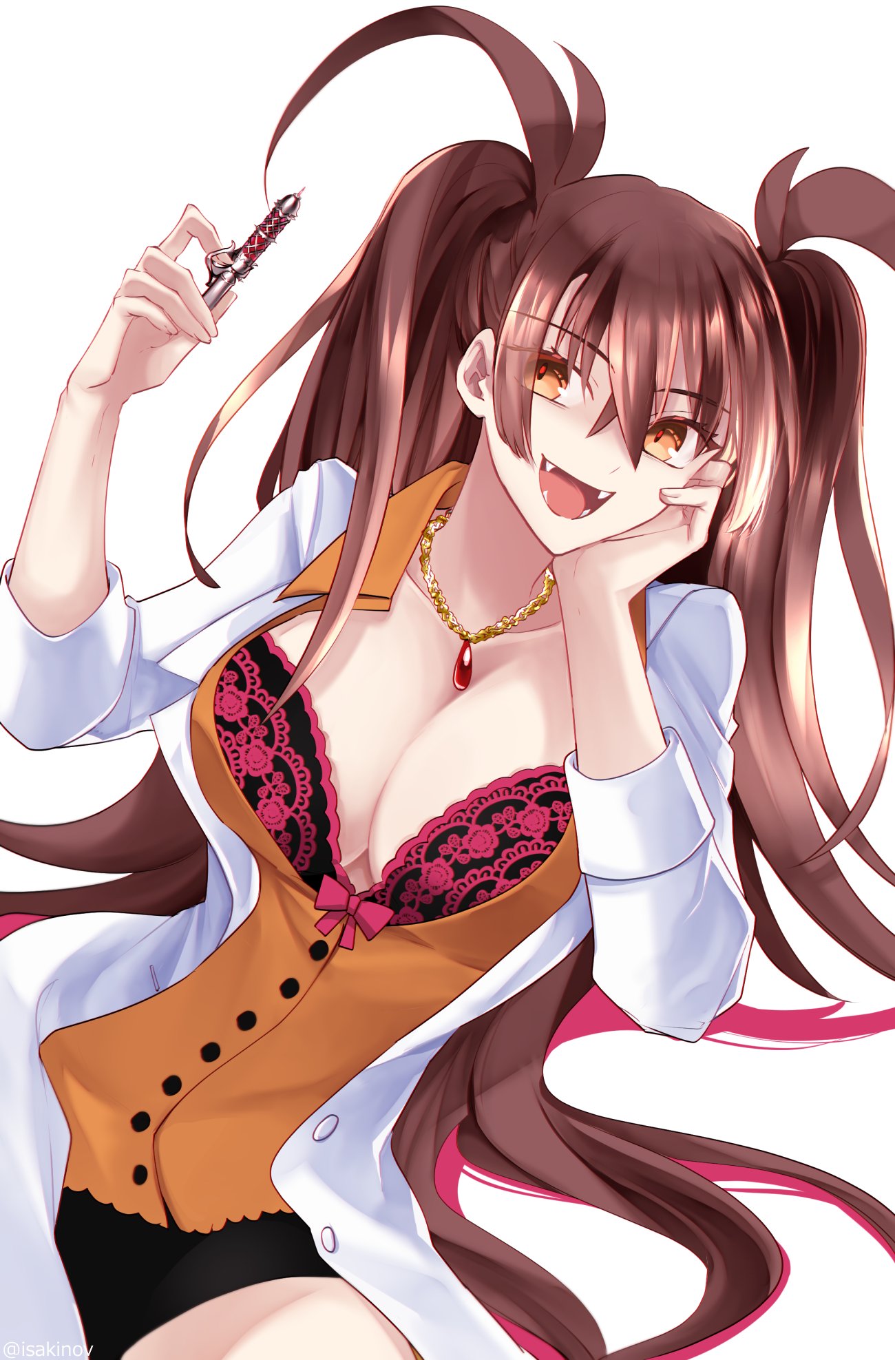 black_skirt bow bra breasts brown_hair cleavage dr._arach female highres jewelry lab_coat large_breasts long_hair necklace needle open_mouth orange_bow orange_eyes orange_shirt sharp_teeth shirt skirt solo sukiniyaru teeth tsukihime tsukihime_(remake) twintails twitter_username underwear white_background