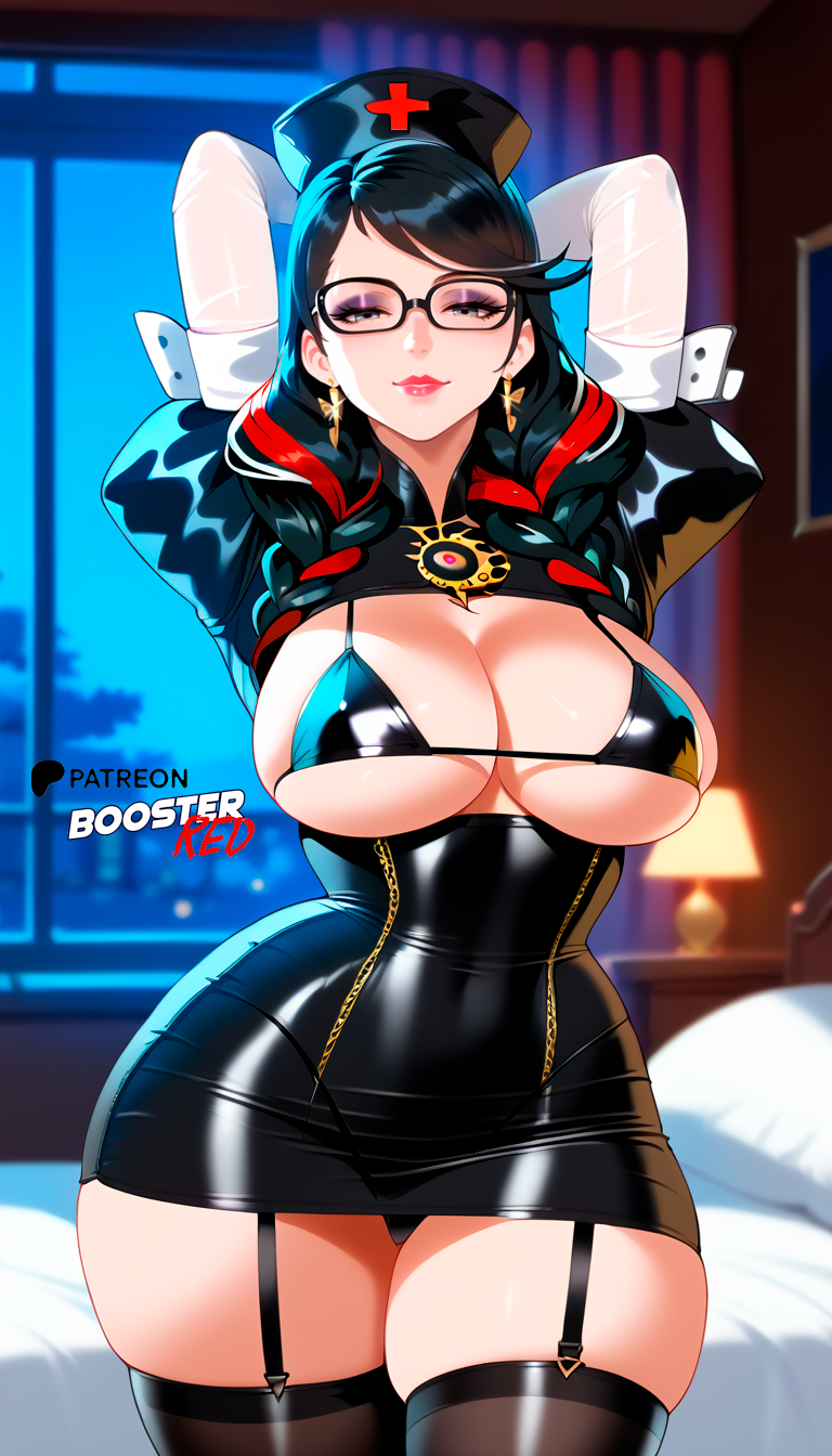 1girls ai_generated arms_behind_head bare_shoulders bayonetta bayonetta_(character) bayonetta_3 black_bikini black_dress black_hair black_thong boosterred99 breasts dress earrings glasses gloves indoors jewelry large_breasts latex_bikini latex_dress latex_gloves lipstick long_hair looking_at_viewer microskirt miniskirt mole_under_mouth naked necklace nurse nurse_cap nurse_uniform seductive_look seductive_smile solo stable_diffusion streaked_hair thick_thighs thighs thong twin_braids underboob