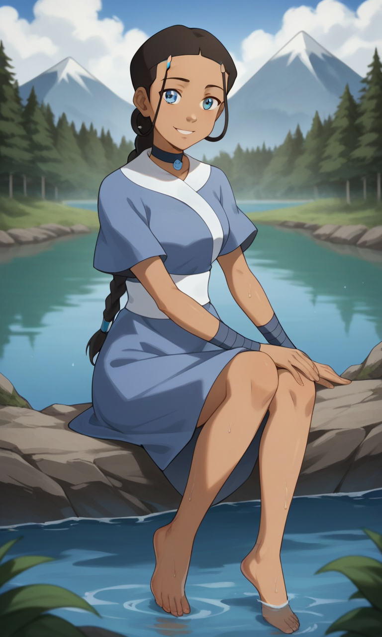 ai_generated ass avatar_legends avatar_the_last_airbender bare_legs barefeet barefoot bigmic145 braid braided_hair braided_ponytail breasts clothed clothed_female clothing feet katara nickelodeon robe solo solo_female wet