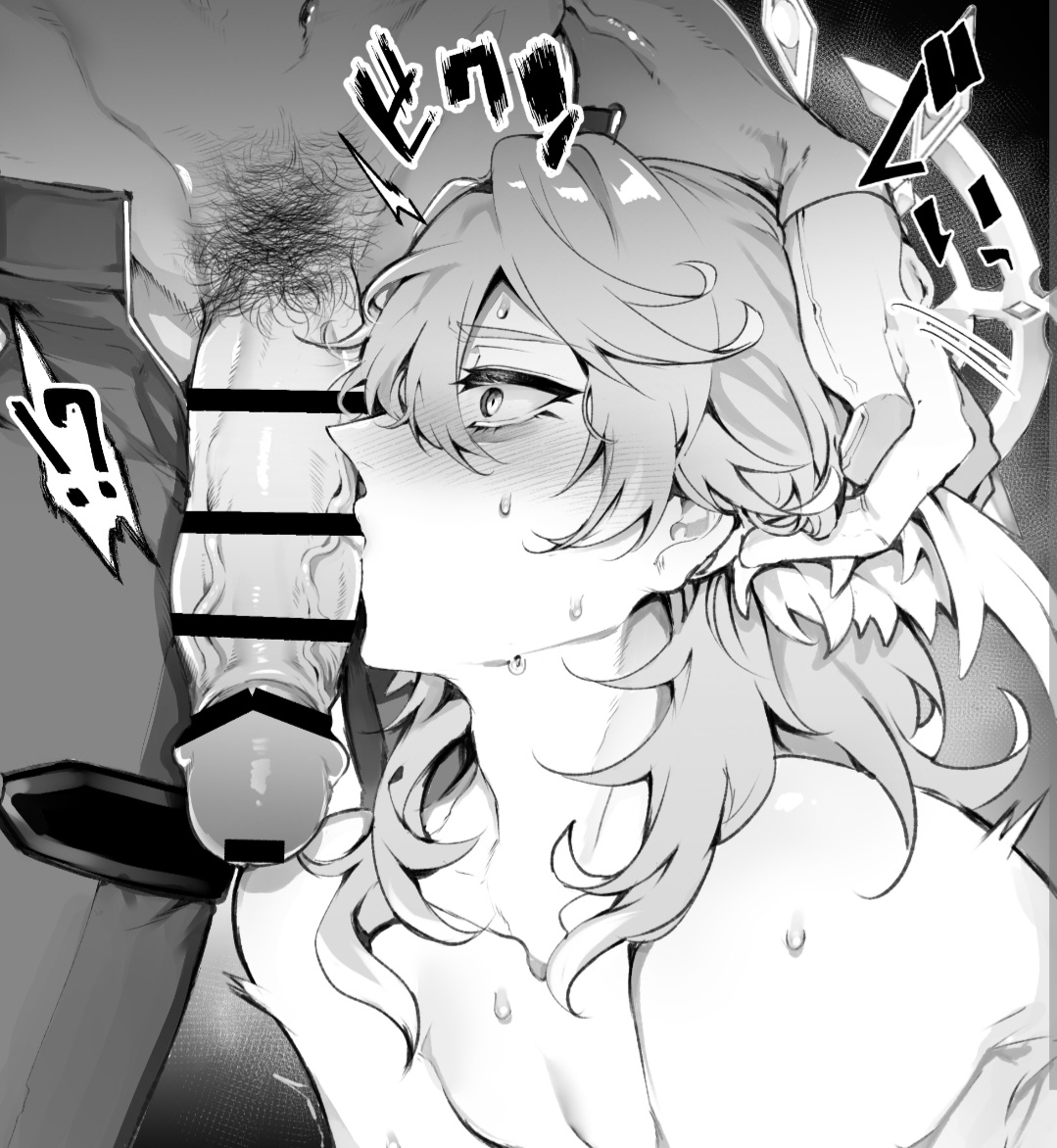 2boys, big penis, blush, censored, embarrassed, gallagher (honkai: star rail), halo, hands on head, honkai (series), honkai: star rail, kissing penis, large penis, lxhddu, male, male only, male/male, penis, pubes, sunday (honkai: star rail), text, veiny penis, wings, yaoi