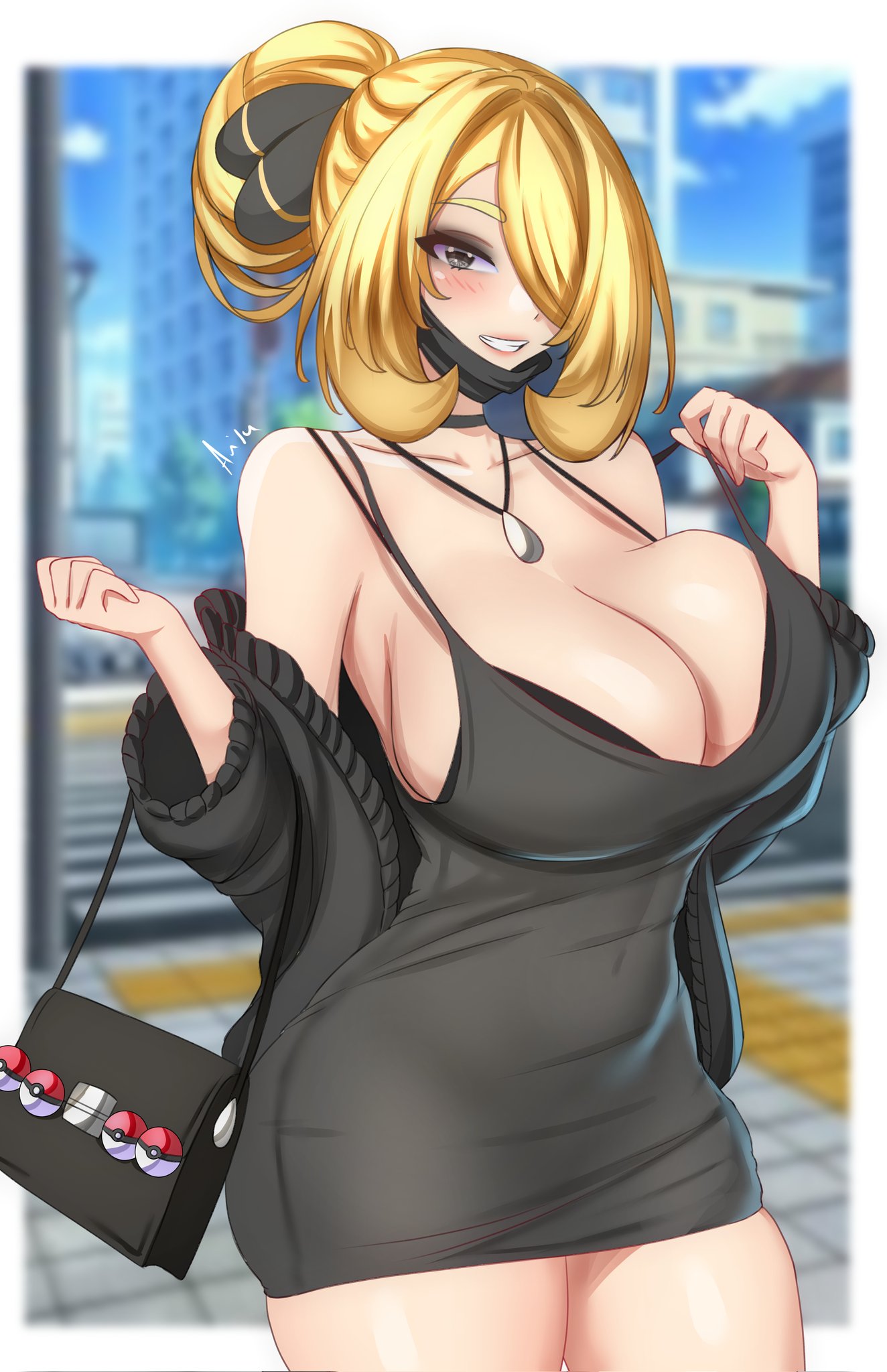 anisdrawn blonde_hair breasts cynthia_(pokemon) female female_only nintendo pokemon solo tagme