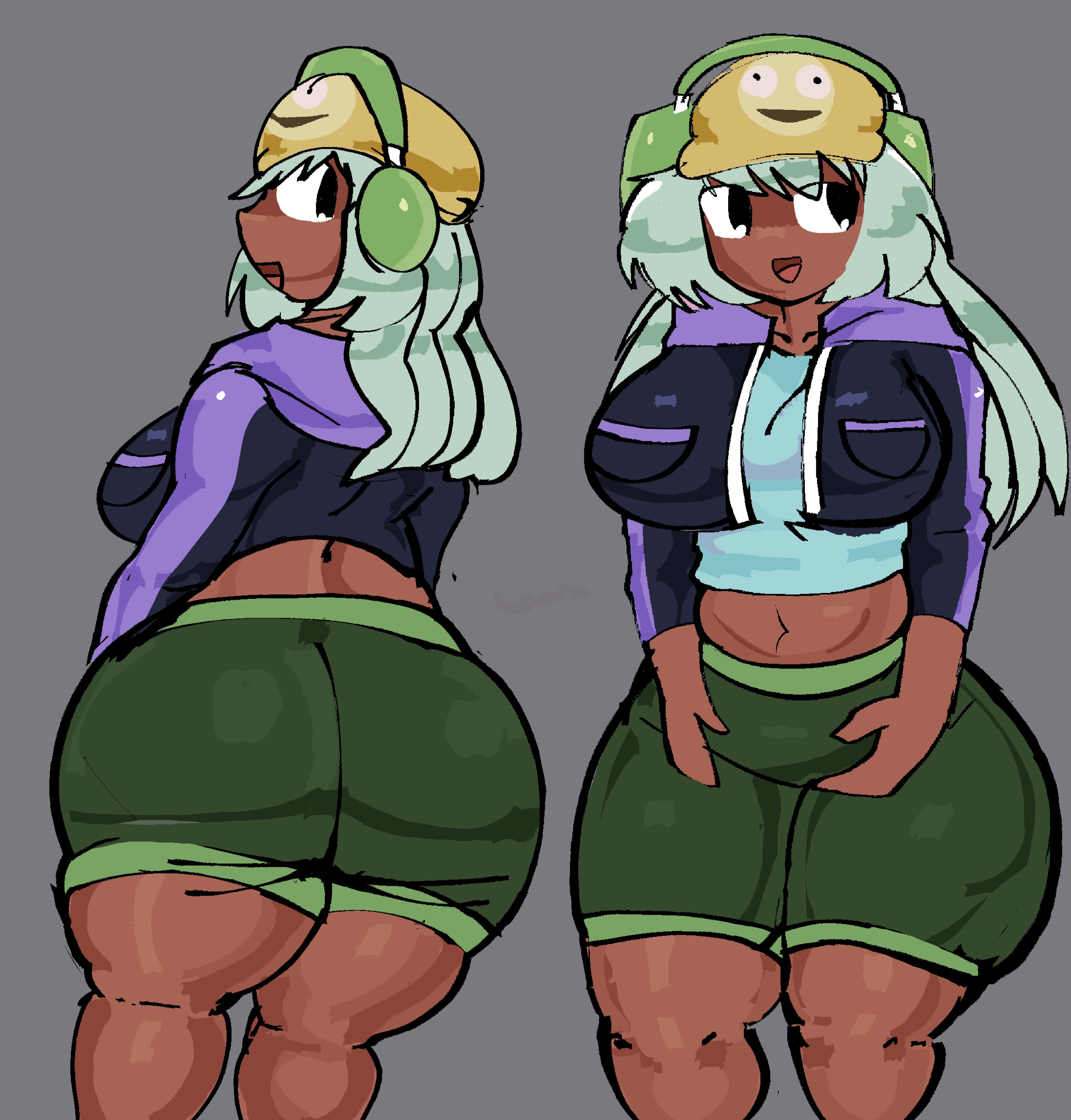 1girls, aqua hair, baseball cap, black eyes, borrowed character, breasts, brown skin, cropped jacket, dolly dimpley, female, grey background, headphones, hoodie, open mouth, short shorts, smiling friends, solo, thighs