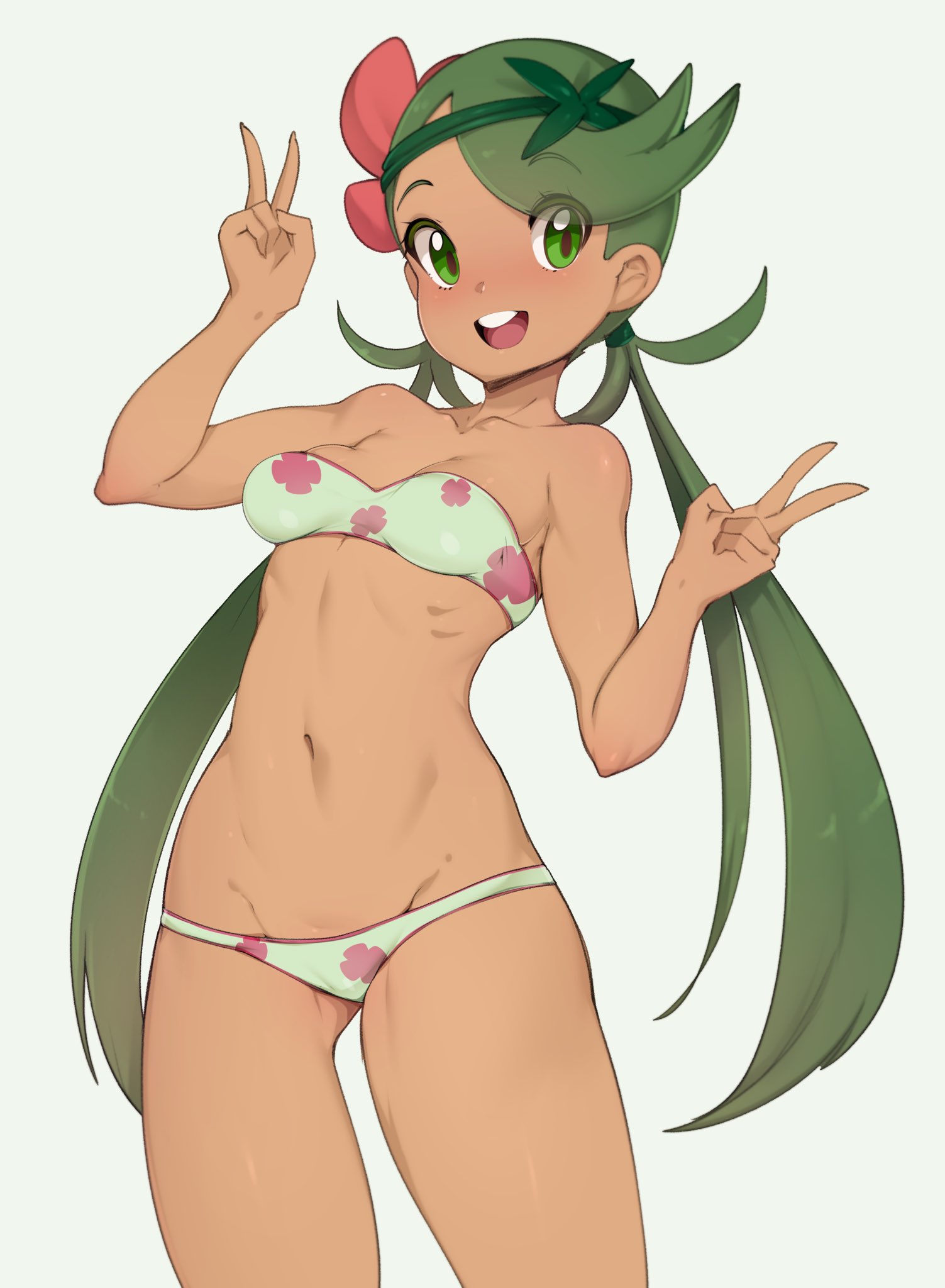 1girls, abs, belly, bikini, breasts, clothed, clothing, dark skin, dark-skinned female, female, female only, green eyes, green hair, hair, human, long green hair, long hair, long twintails, mallow (pokemon), midriff, navel, nintendo, pokemon, pokemon sm, ribs, simple background, slugbox, small breasts, solo, trial captain, twintails, v, video games, white background