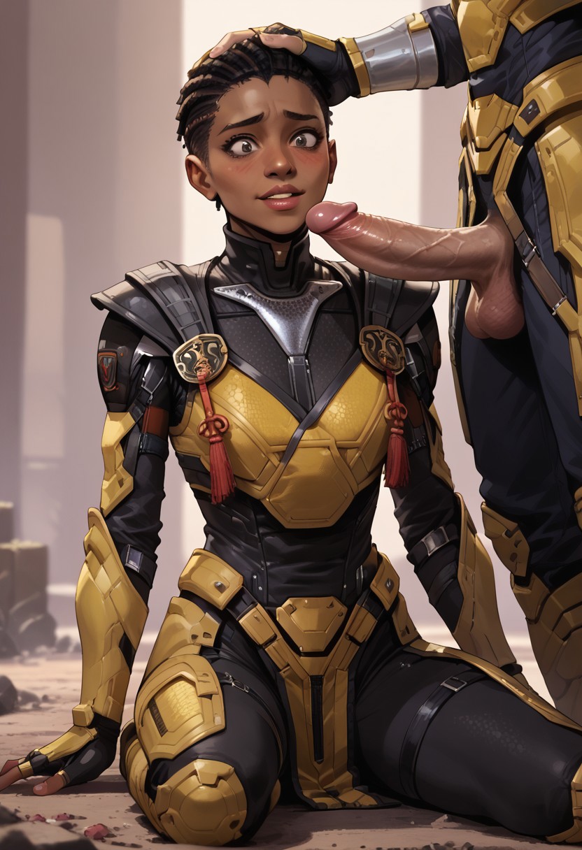 1boy african_female ai_generated cock_out cyrax cyrax_(new_era) dark-skinned_female female female_focus hand_on_another's_head interracial mortal_kombat mortal_kombat_1_(2023) partial_male power_armor presenting_penis solo_focus straight suprised_look video_games