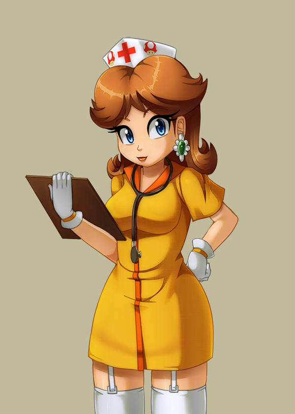 1girls blue_eyes breasts brown_hair clipboard earrings flower_earrings garter_straps gloves holding_clipboard looking_at_viewer mario_(series) medium_breasts medium_hair nintendo nurse nurse_cap nurse_uniform princess_daisy razorkun stethoscope thighhighs