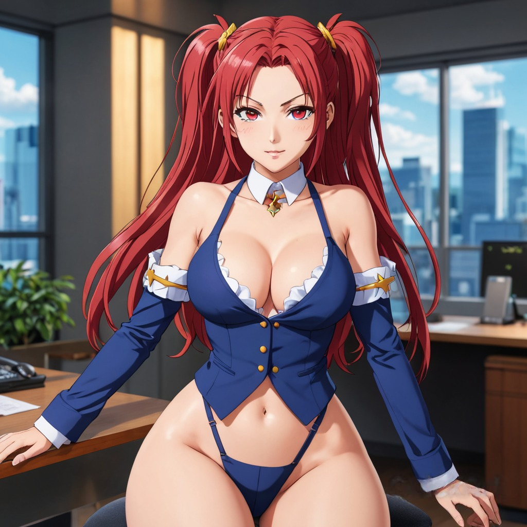 ai_generated belly big_breasts breasts exposed_belly exposed_shoulders exposed_thighs looking_at_viewer oc office office_lady panties red_hair thighs twintails