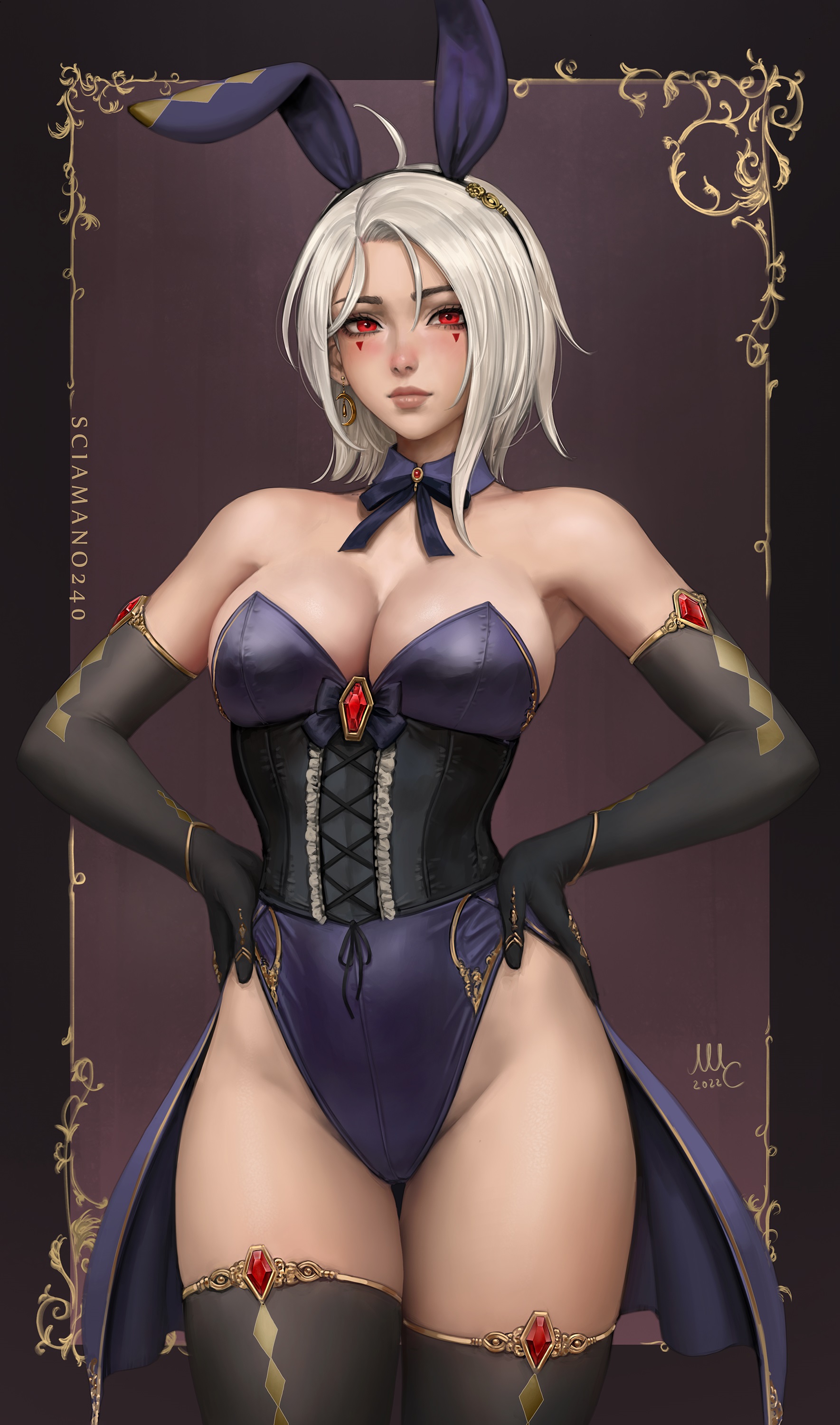 1girls, bianca (sciamano240), bunny ears, bunny girl, bunnysuit, cleavage, clothed, clothing, corset, female, fully clothed, hands on hips, looking at viewer, red eyes, sciamano240, short hair, solo, white hair