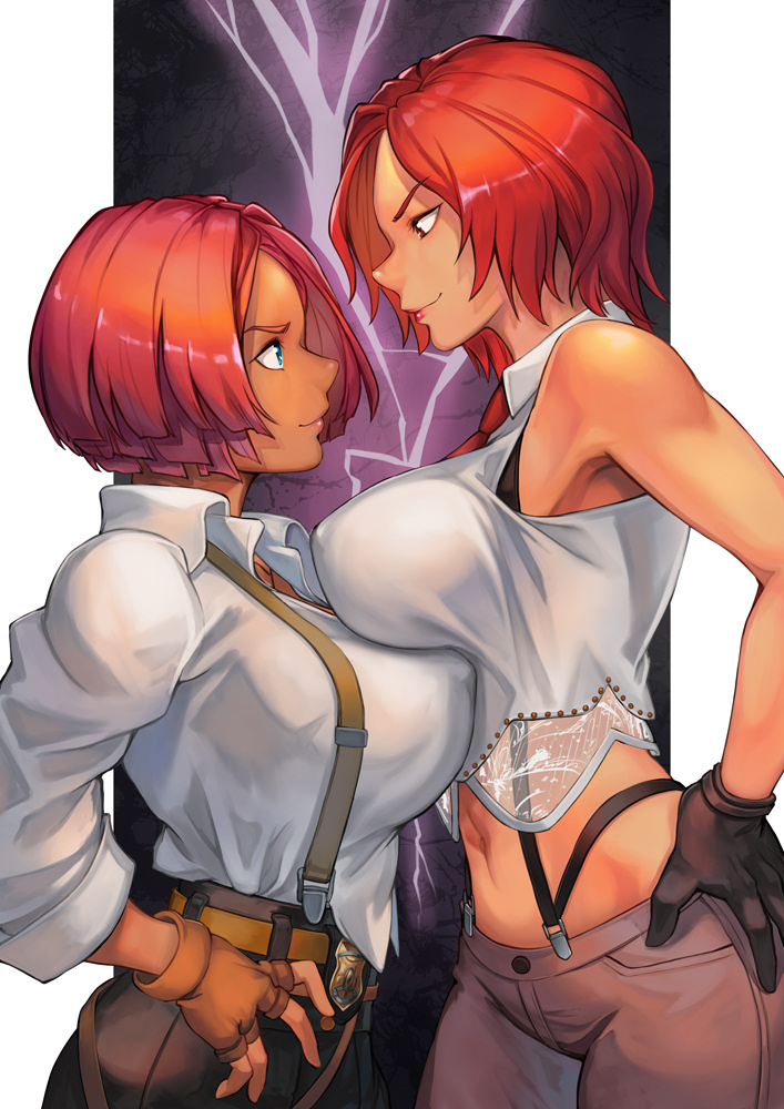 2girls arc_system_works bare_midriff big_breasts blue_eyes brazilian brazilian_female breasts busty cleavage crossover erect_nipples female female_focus female_only giovanna_(guilty_gear) guilty_gear hinoru_saikusa hourglass_figure king_of_fighters milf navel nipple_bulge pants red_eyes red_hair shirt short_hair sleeveless sleeveless_shirt snk suspenders vanessa_(kof) wide_hips