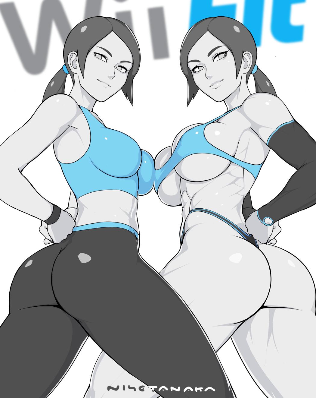 2girls abs adapted_costume alternate_costume ass big_breasts breasts cleavage female female_only highleg huge_ass huge_breasts large_breasts looking_at_viewer looking_back muscular_female naughty_face nintendo nisetanaqa seductive seductive_smile smile thick_thighs wii_fit wii_fit_trainer