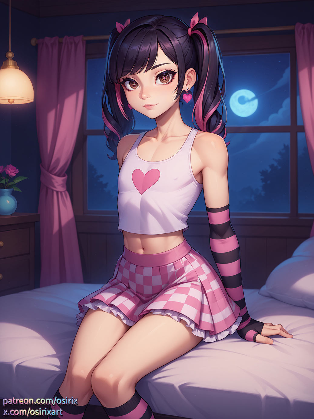 ai_generated brown_eyes checkered_skirt cute_face cute_male earrings elbow_gloves femboy femboy_focus femboy_only femboysub hair_ribbon hair_ribbons hypnosis jamie_(osirix) legs oc original original_character osirix petite petite_body petite_male skirt spiral_eyes stable_diffusion striped_gloves striped_socks tank_top twintails