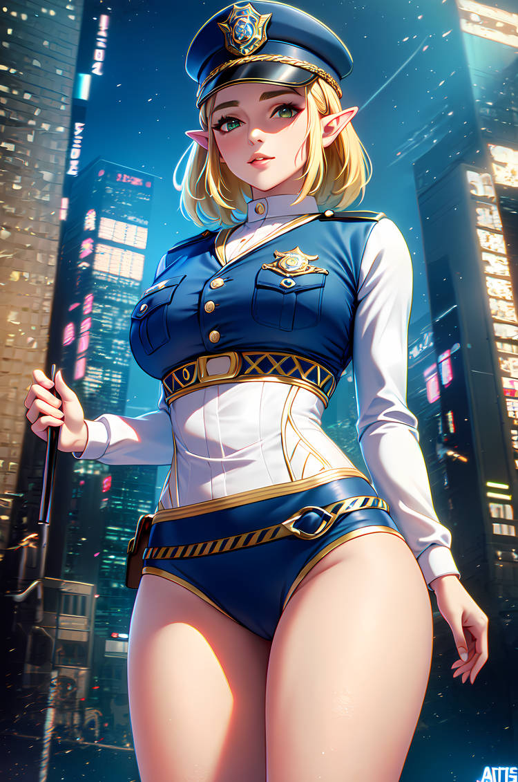 1girls ai_generated aiartshines bare_thighs blonde_hair blue_leotard breasts buildings exposed_thighs green_eyes hat leotard looking_at_viewer medium_breasts multicolored_leotard night nintendo outside police police_uniform policewoman princess_zelda short_hair tears_of_the_kingdom the_legend_of_zelda thick_thighs thighs white_leotard