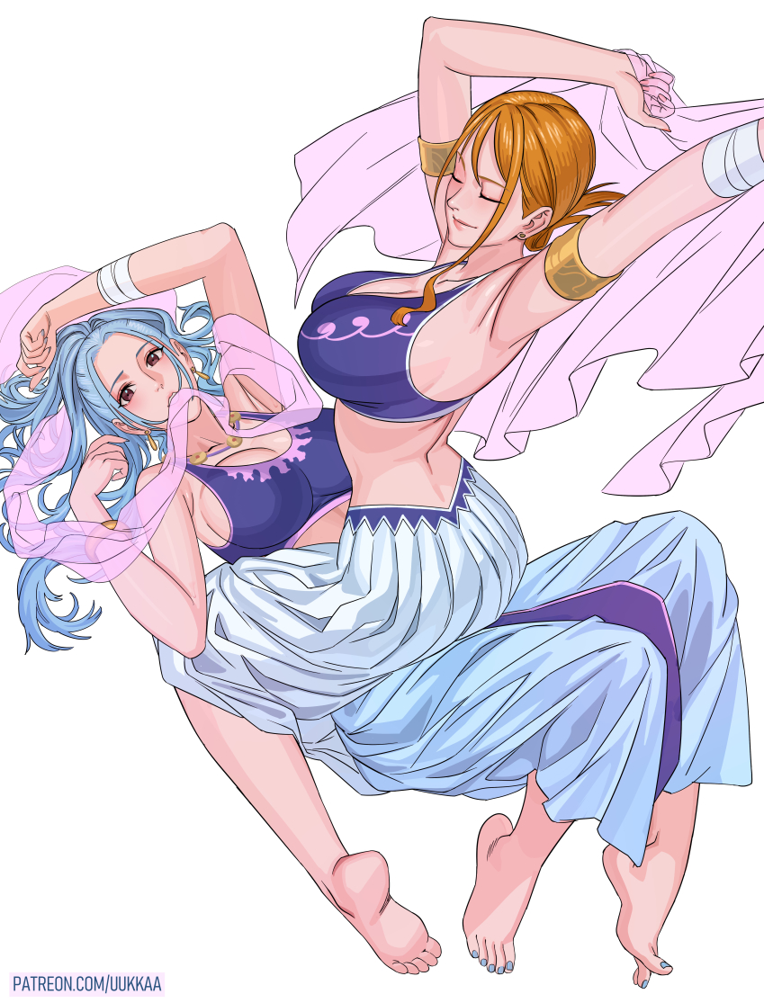 2girls alabasta arabasta_kingdom arabasta_saga arabian_clothes armlet arms_up barefoot belly_dancer belly_dancer_outfit big_breasts blue_hair bra closed_eyes dancer_outfit feet female female_human female_only harem_girl harem_outfit human kneeling light-skinned_female long_hair looking_at_viewer lying_on_back nami nami_(one_piece) nefertari_vivi on_top on_top_of_another one_piece orange_hair post-timeskip pre-timeskip removing_shirt skirt soles spread_legs teenager tied_hair undressing uukkaa yuri