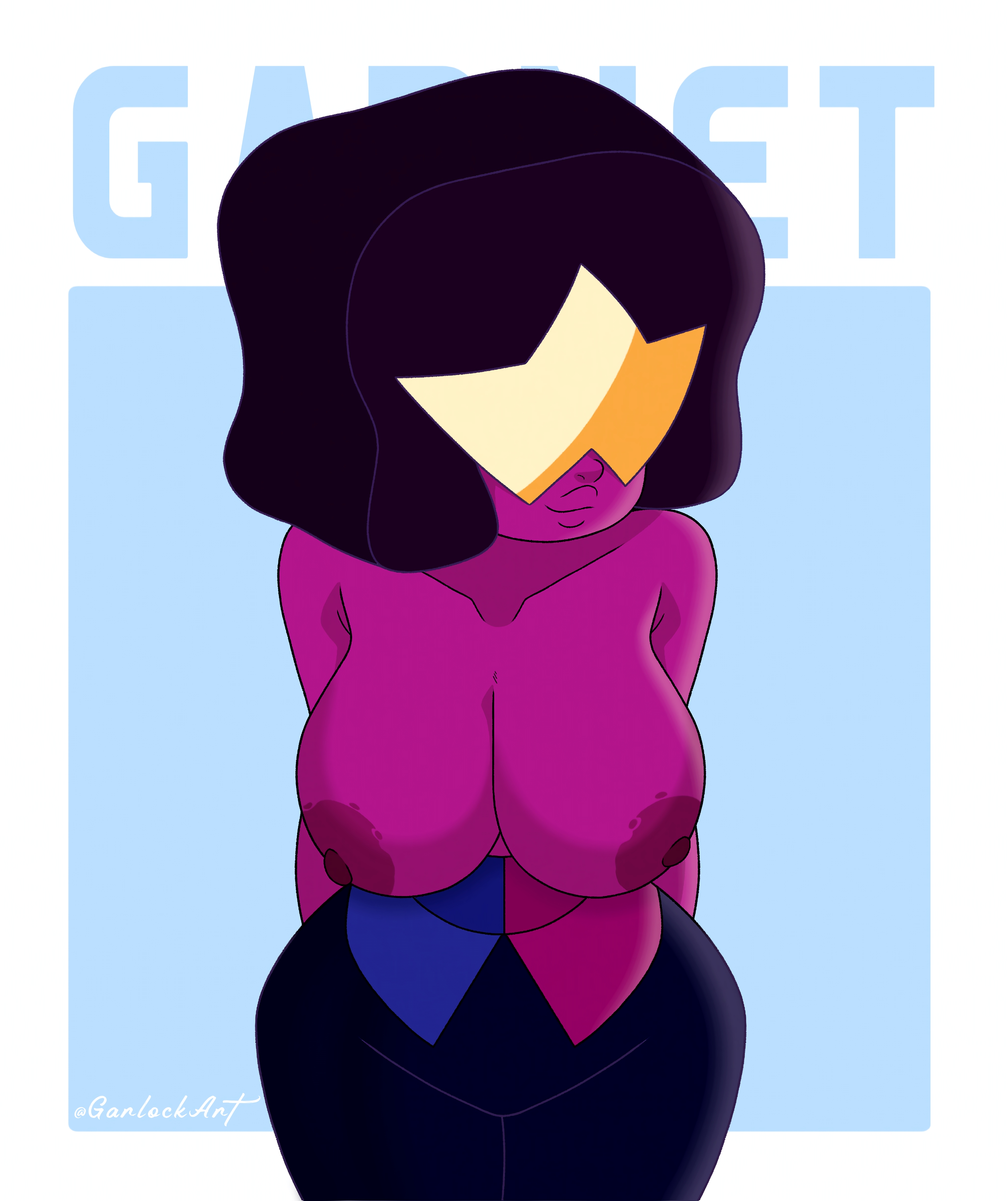 1girls, accurate art style, black hair, breasts, cartoon network, exposed breasts, female, fusion, garlock, garnet (steven universe), gem (species), nipples, purple skin, shades, smiling, steven universe