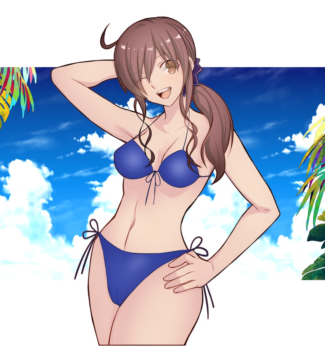 ahoge arm_behind_head bare_arms bikini blue_bikini blue_sky breasts brown_hair commentary_request female hand_on_own_hip highres hirakawa low_ponytail navel noel_(tsukihime) one_eye_closed open_mouth sky solo swimsuit thighs tsukihime tsukihime_(remake)