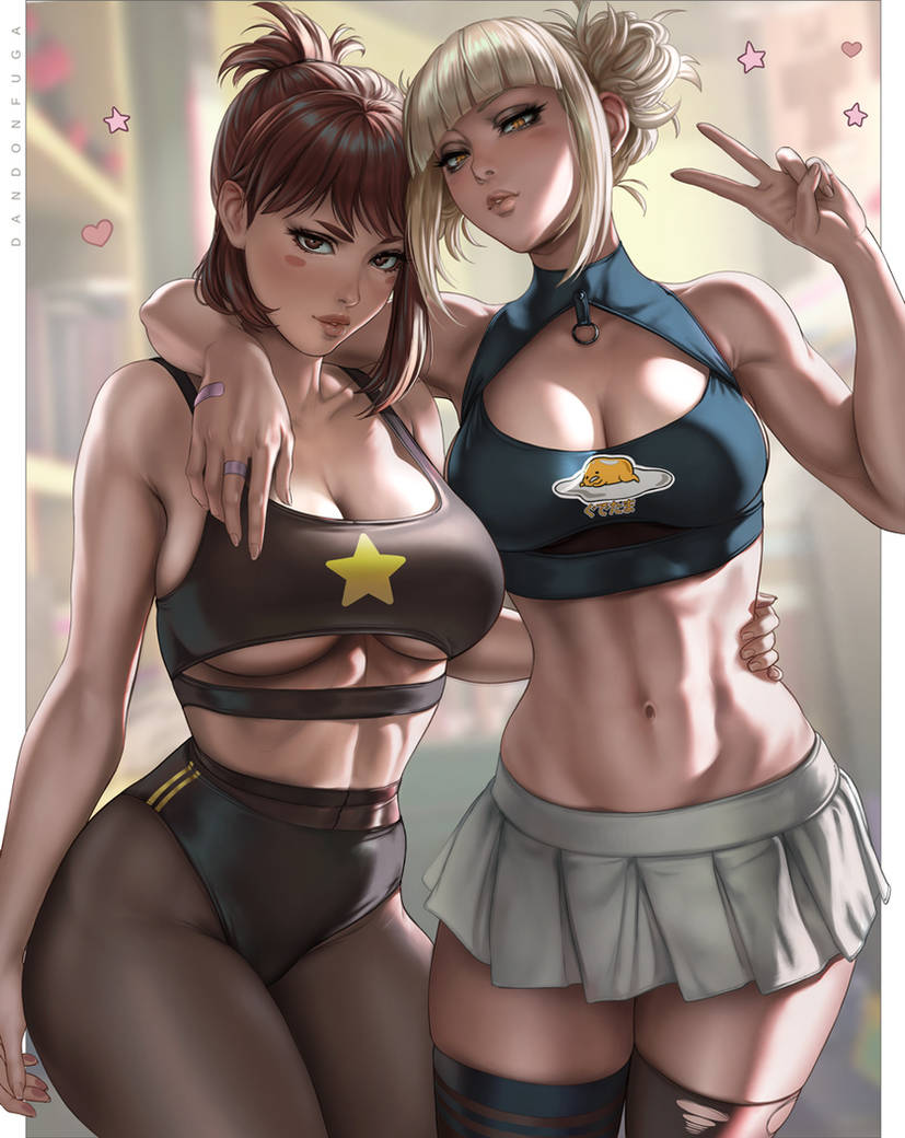 2girls arm_around_shoulder bandaid black_buruma black_sports_bra blonde_hair blue_crop_top breasts brown_eyes brown_hair buruma crop_top dandon_fuga hair_bun hand_on_hip large_breasts looking_at_viewer midriff miniskirt my_hero_academia navel ochako_uraraka pantyhose ponytail skirt sports_bra sportswear thighhighs toga_himiko torn_thighhighs uraraka_ochako v white_skirt yellow_eyes