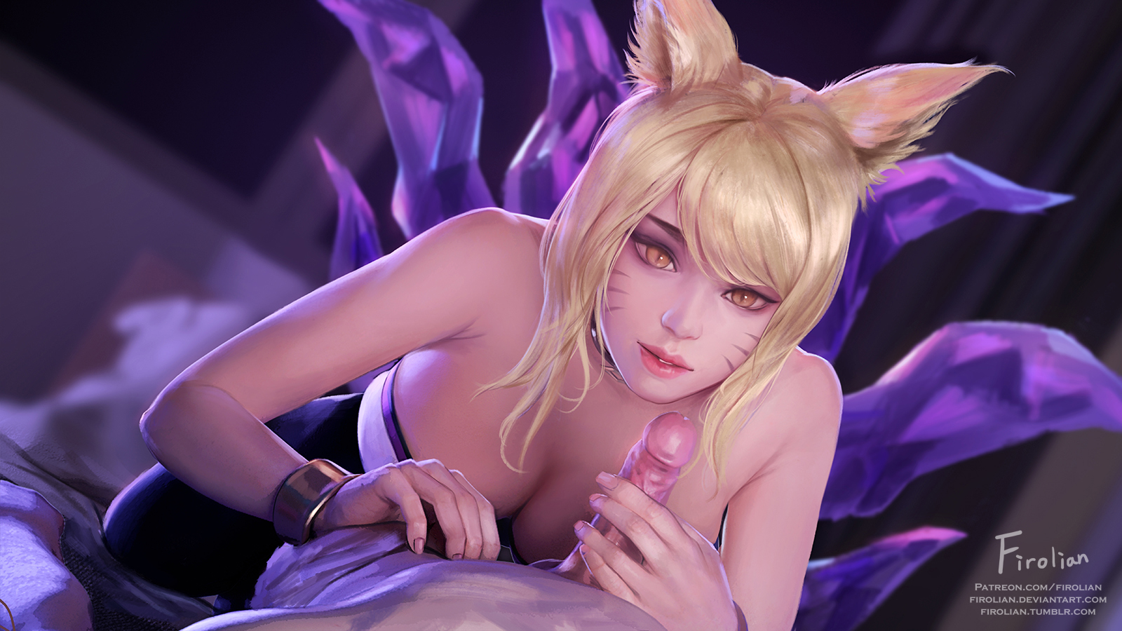 1boy, 1girls, ahri, alternate costume, blonde hair, breasts, cleavage, erection, female, firolian, handjob, k/da ahri, k/da series, league of legends, light skin, light-skinned female, light-skinned male, male, penis, straight