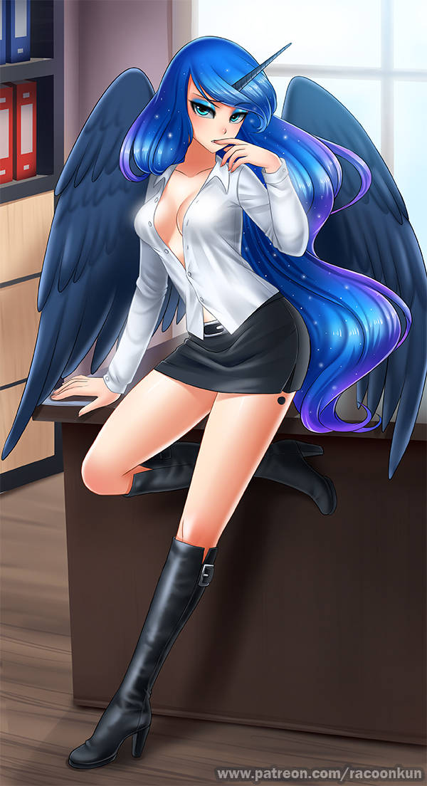 1girls belt black_skirt blue_eyes blue_hair books bookshelf breasts button_down_shirt desk high_heel_boots high_heels long_hair looking_at_viewer medium_breasts miniskirt my_little_pony office_lady pencil_skirt princess_luna_(mlp) racoon_ears racoonkun shirt skirt tattoo tattoo_on_leg unicorn_horn white_shirt wings